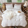 thumbnail image 3 of MooMee Striped Duvet Cover Set Cal-King 100% Washed Cotton Linen Like Textured Breathable 3-Piece (Greyish Pink& White Pinstripes, 104"x98"), 3 of 9