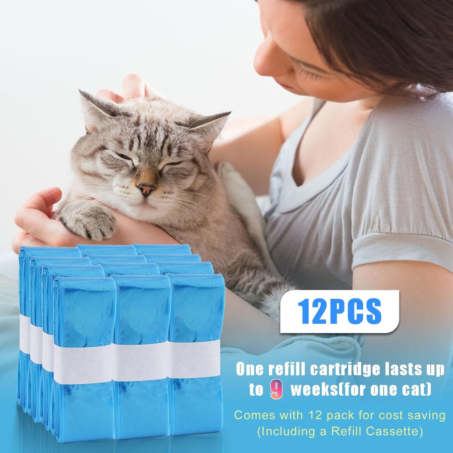 12 Pack Cat Litter Refills Bags,Litter Refills Compatible with genie bag refills Cartridge,Cat Litter Refills Scented Bag Compatible with Your Standard and Plus Genie Litter Refill Cartridge,Bule