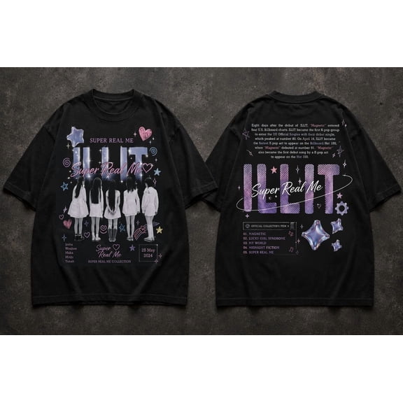ILLIT Super Real Me K-Pop Graphic T-Shirt - Y2K Aesthetic Magnetic Tracklist Fan Merch Tee