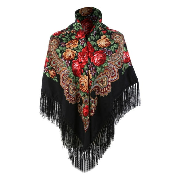 Penkiiy Womens Shawls and Wraps Sweaters Russian Babushka Women's Scarf Shawl Wrap Oversized Traditional Retro Ukraine Style Printed Tassels Scarfs Army Green Shawls and Wraps