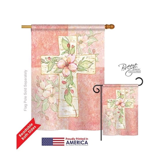 Breeze Decor 03044 Pink Flower Cross 2-Sided Vertical Impression House Flag - 28 x 40 in.