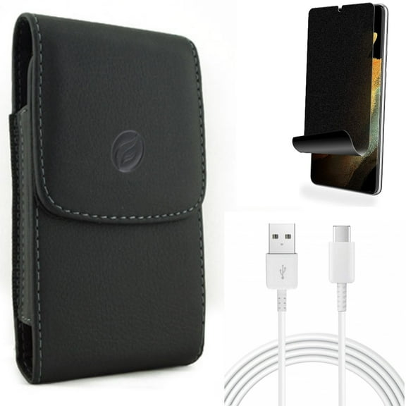 Case Belt Clip & Privacy Screen Protector & 10ft USB-C Cable for Samsung Galaxy S21 Ultra Phone - Leather Holster & TPU Film Fingerprint Works & Type-C Charger Cord Accessory Bundle