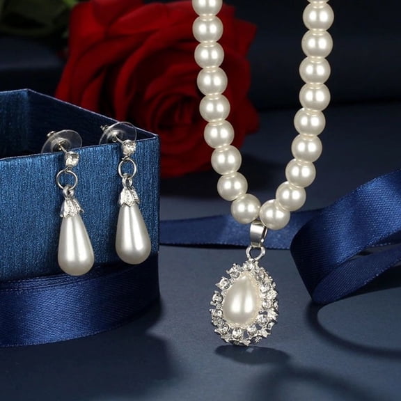 DaXi Water Drop Shape Pendant Faux Pearl Beaded Necklace Earrings Bridal Jewelry Set-White