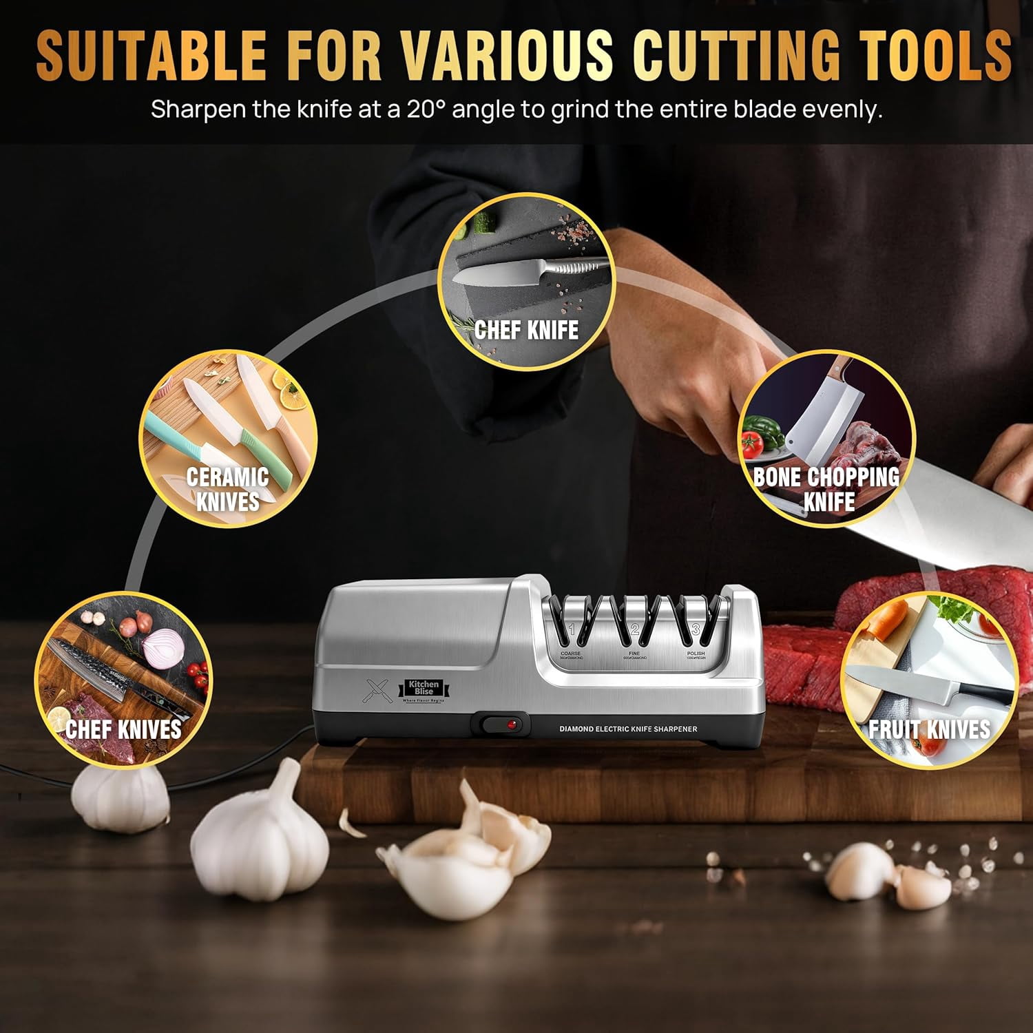 Electric Knife Sharpener with Metal Dust Box - 3-Stage  Sharpening System for Straight and Serrated Knives