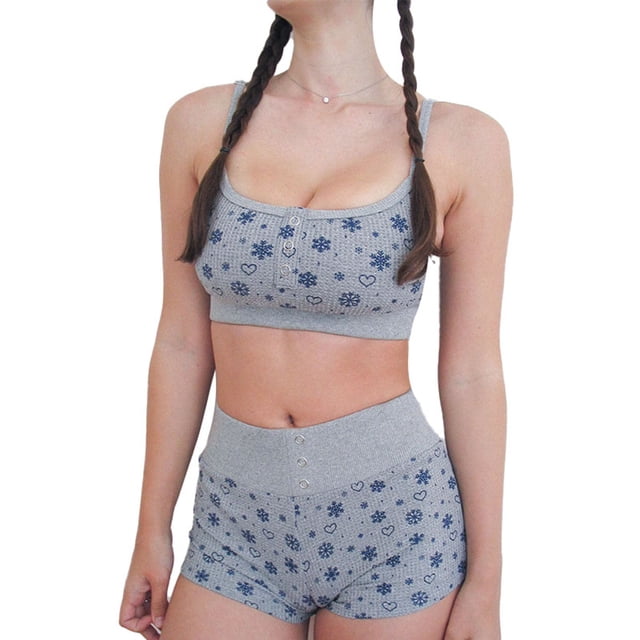 Short Lounge Set Button Rib Spaghetti Strap Slim Fit sin mangas Mujer Short Lounge Kit para mujeres Gris S