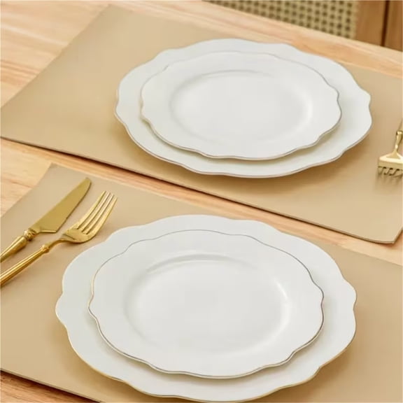 4-Pc Porcelain Scalloped Plates Gold Rim White Ceramic Dinner Salad Set