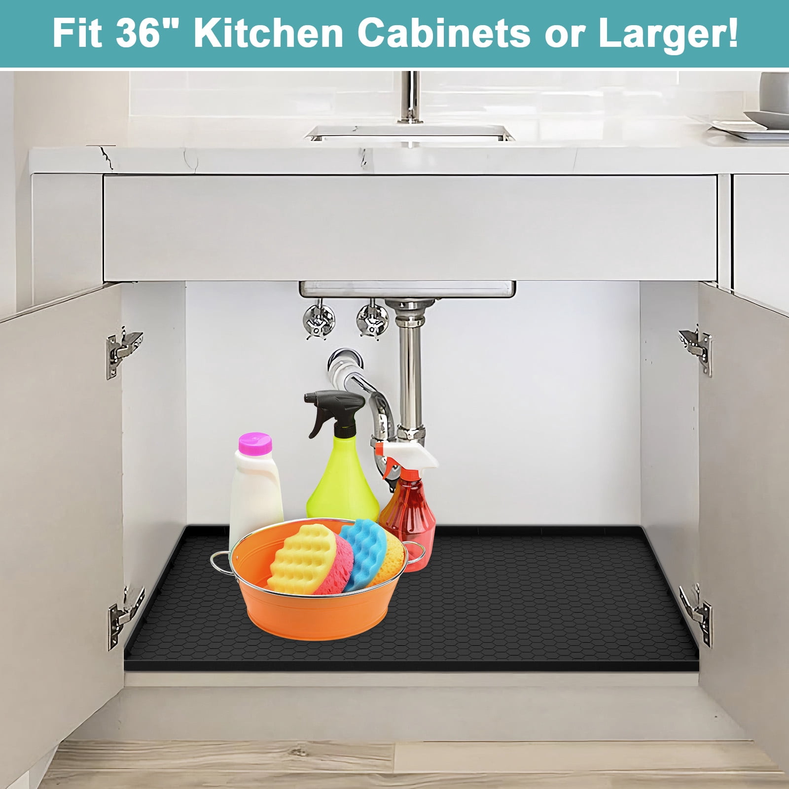 Waterproof Silicone Under Sink Mat with Lip for Kitchen and Bathroom, Under Kitchen Sink Mats and Protectors for 34" x 22" Cabinets, Under Sink Tray Organizer, Shelf Liners Cabinet Liner, Black