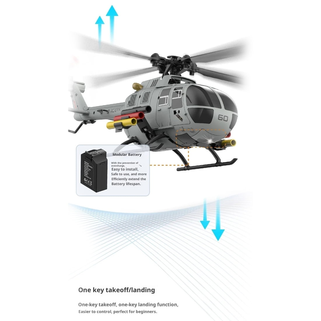RC-ERA C186S BO105 RC Helicopter 6CH Brushless 2.4GHz Remote Control Aircraft with Optical Flow Positioning, Altitude Hold, 6 Axis Gyro, One Key Takeoff Landing for Adults - 1 Battery