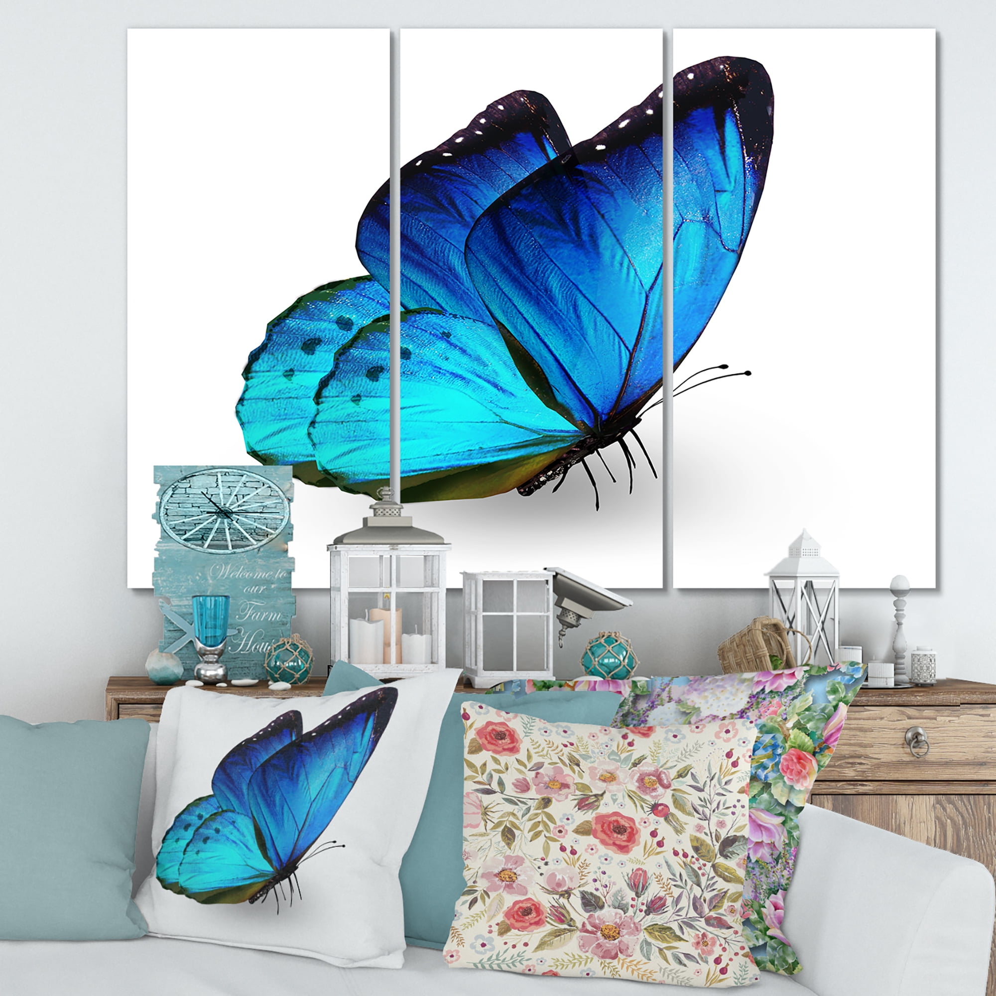 Designart ' Close Up Of Vibrant Blue Butterfly On White ' Modern Canvas Wall Art Print