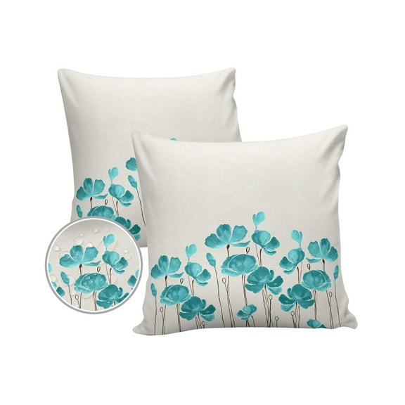 Pack of 2 Outdoor Pillow Covers, Aqua Green Watercolor Poppies Waterproof Square Throw Pillowcase Cushion Decorative Pillow Covers for Couch Patio Tent, 18x18 in