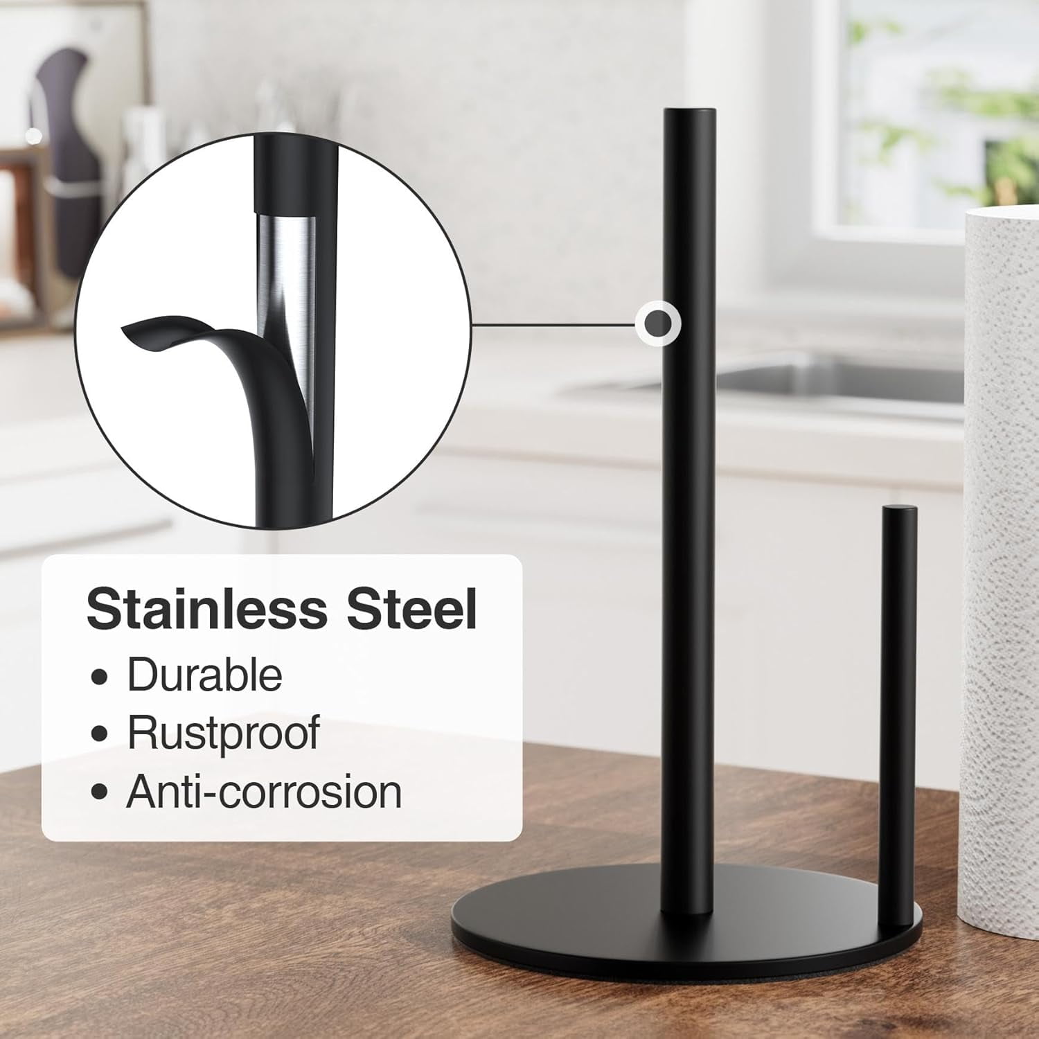 Paper Towel Holder Black, Premium Stainless Steel Kitchen Roll Dispenser, Countertop Roll Organizer with Weighted Base
