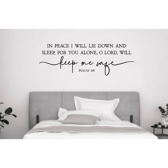 Scripture Wall Decal, Psalm 4:8 Bible Verse Quote, Religious Bedroom Decor, Black Calligraphy Design