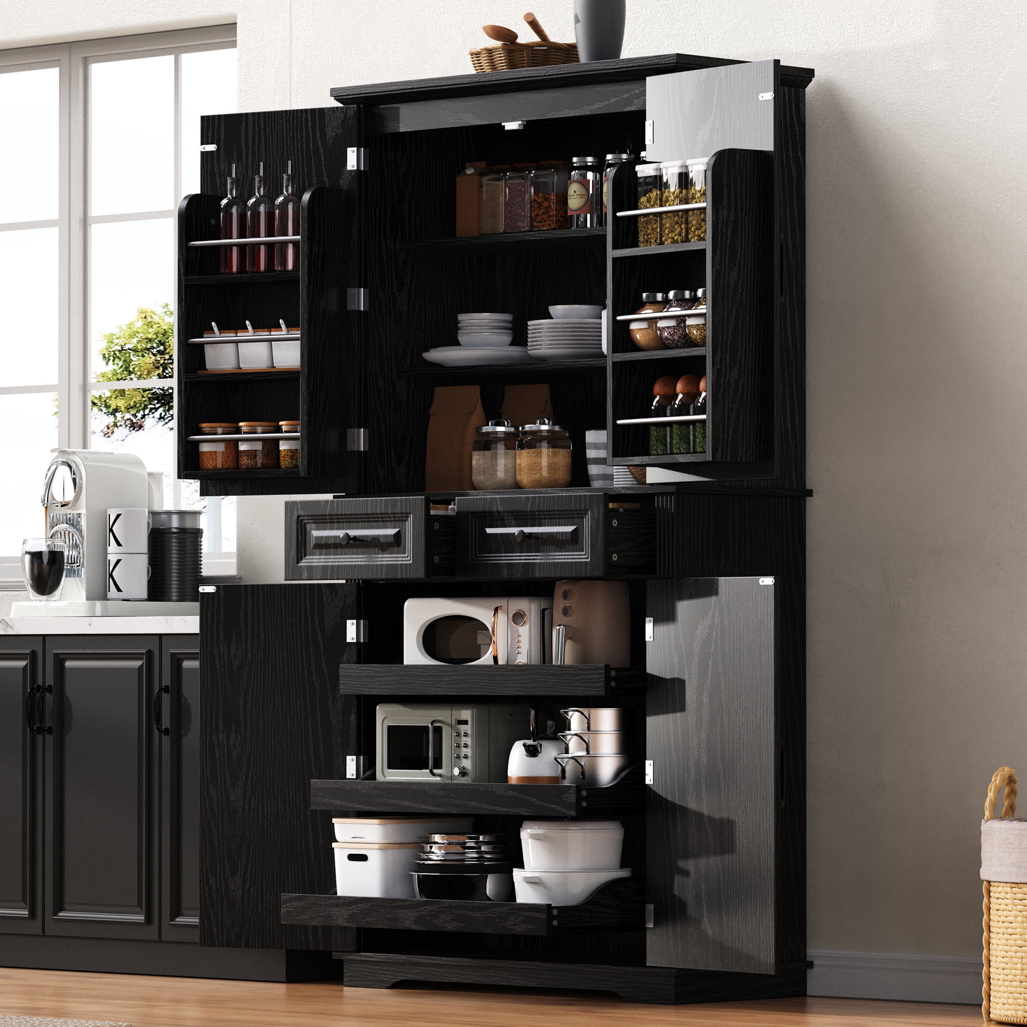 71" Tall Kitchen Pantry Cabinet with 3 Pull-Out Organizers, 6 Door Shelves, 2 Drawers, Farmhouse Embossed Texture, Freestanding Storage for Kitchen & Dining Room