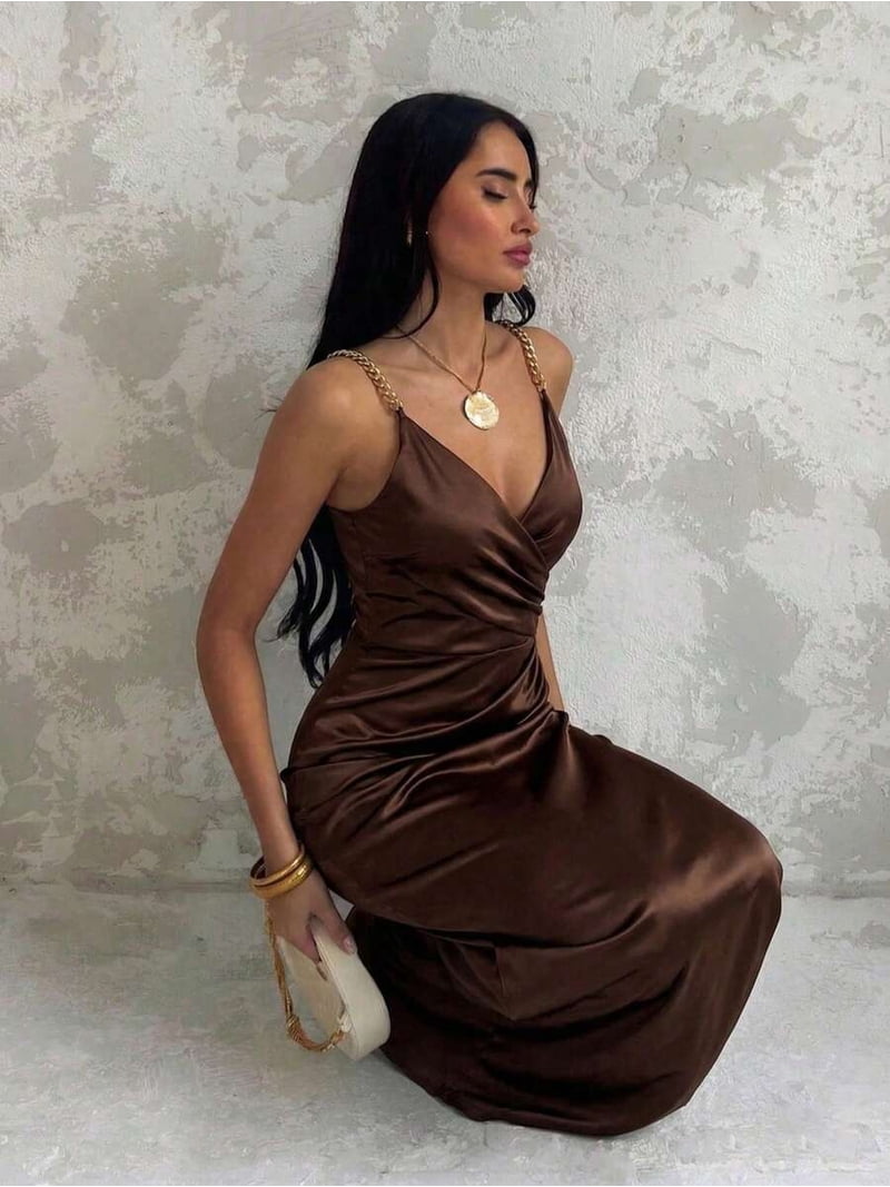 coffee brown satin dress V-Neck Mermaid With Chain Strap, Fitted Elegant Evening Gown Sizes:S