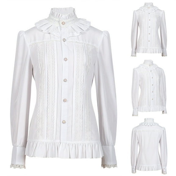 Odbmxy Womens Shirt Long Sleeve Turtleneck Blouse Women Button Down Ruffles Retro Slim Solid Leisure Tops,White L