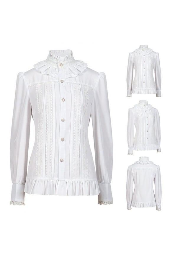 Turtleneck Womens Shirts Plus Size Long Sleeve Womens Blouses Button Down Slim Ruffles Leisure Solid Retro Tops,White XL
