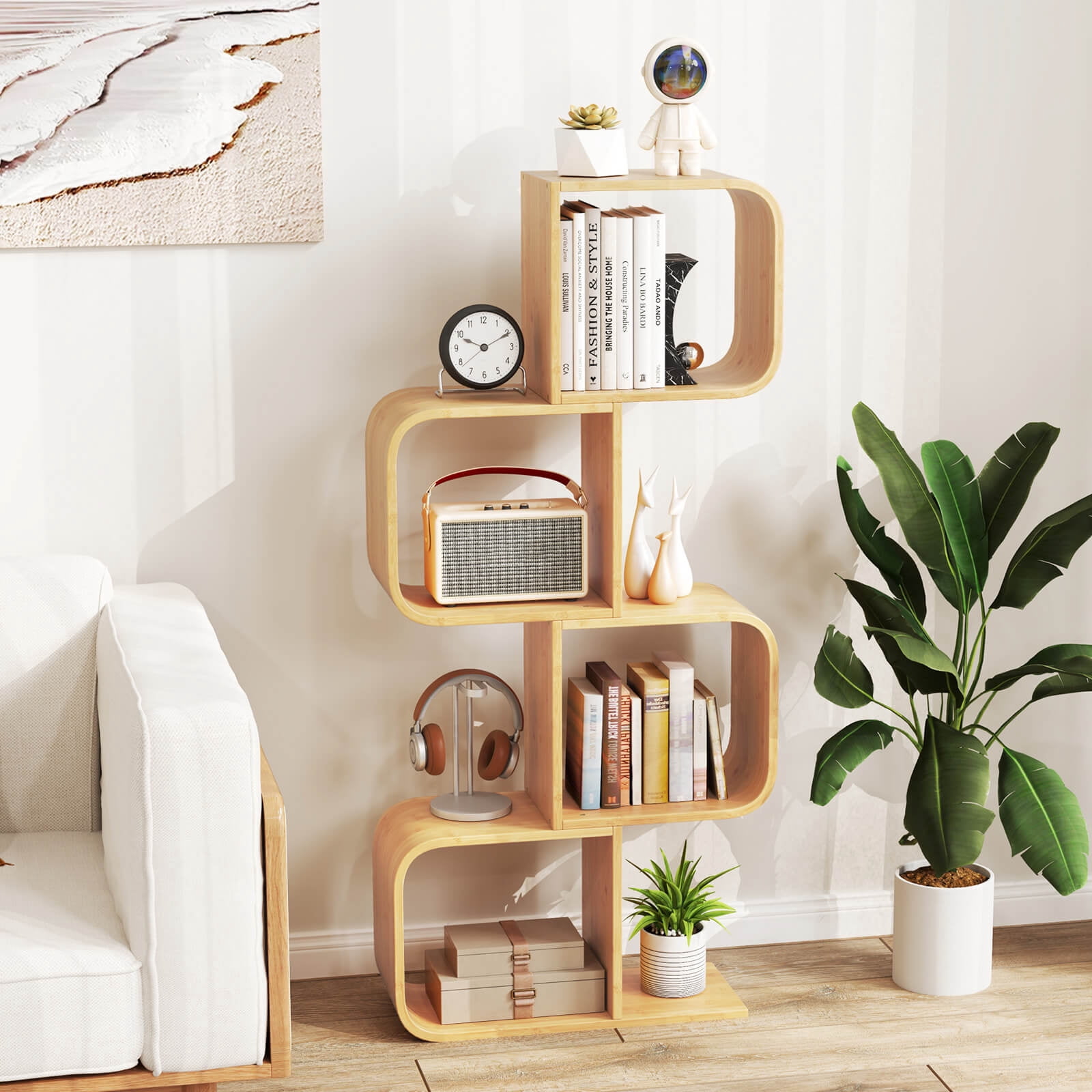 Costway 2 PCS 4-Tier S-Shaped Bookcase with 4 Open Cubes Geometric Corner Display Shelf