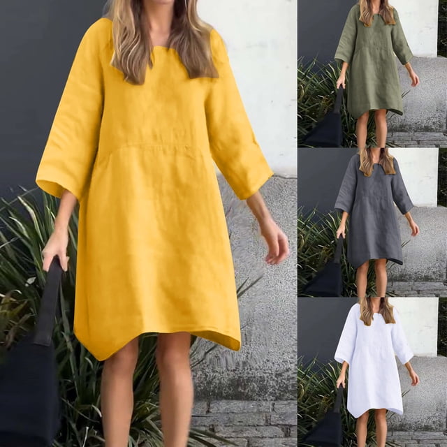 Gspmoly Robes pour Femmes Grande Taille, Femmes Décontractées à Manches Longues Unies à Col Rond Longues Robes Robes d'Été pour Femmes Offres