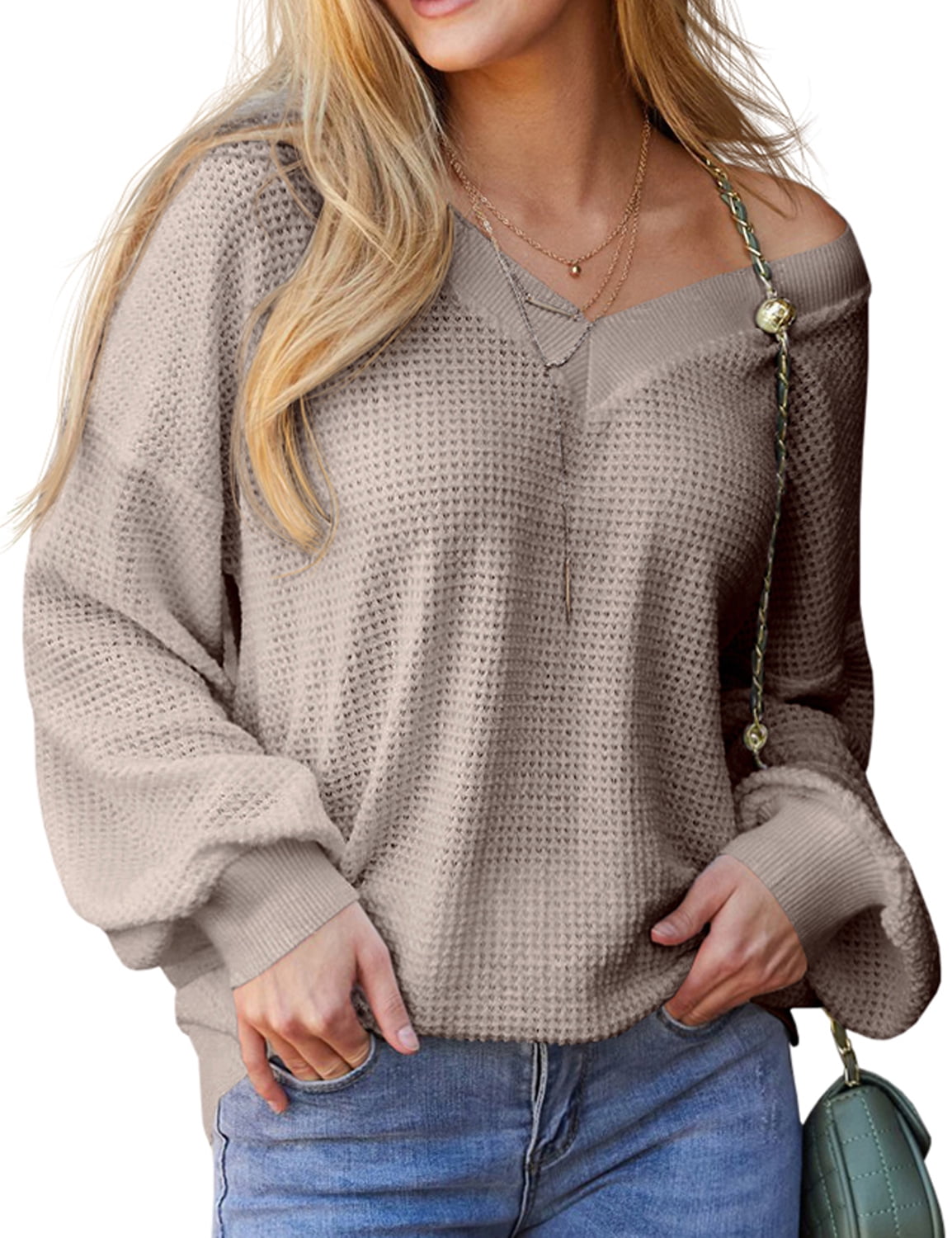 Doublju Womens Long Sleeve Ribbed V Neck Waffle Knit Sweater Top With ...