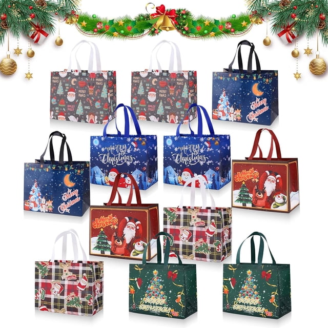 Paquete de 12 bolsas de regalo de Navidad, coloridas bolsas navideñas, bolsas navideñas no tejidas reutilizables para embalaje de regalos, suministros para fiestas navideñas