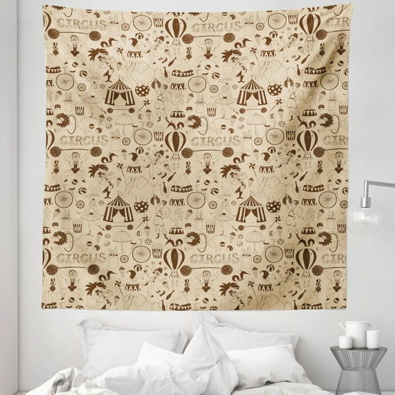 Circus Tapestry, Continuous Sketchy Drawn Funny Elements Various Entertainment Tricks Animals, Fabric Wall Hanging Decor for Bedroom Living Room Dorm, 5 Sizes, Beige Chocolate, by Ambesonne