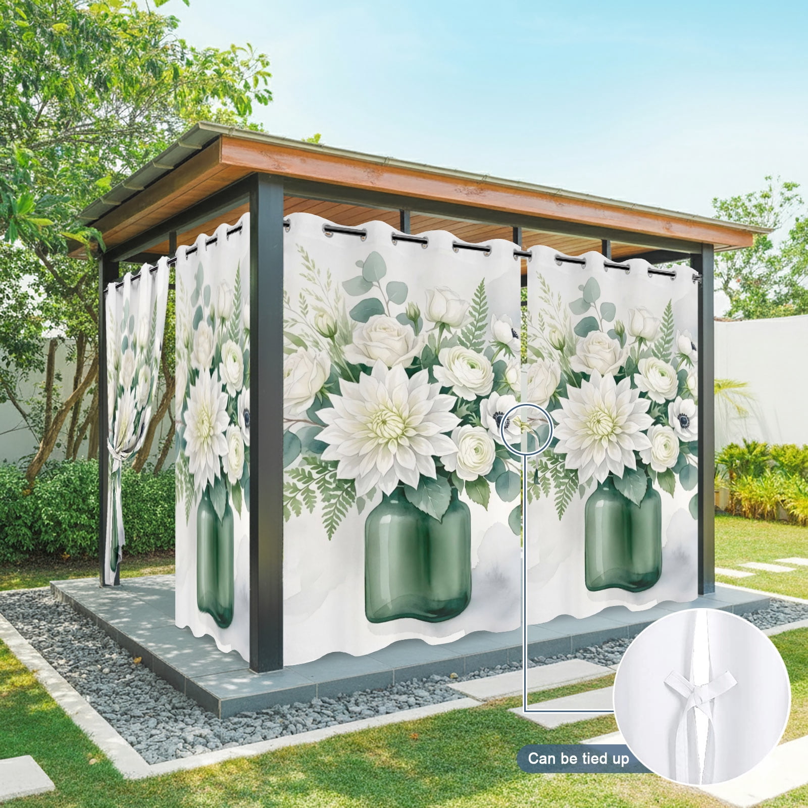 White Dahlia Rose Flower Outdoor Curtains for Patio, Eucalyptus Leaf Green Vase Botanical Sunshade Privacy Drapes Grommet Waterproof Outside Curtains for Porch/Cabana/Balcony 54"x 108", 1 Panel