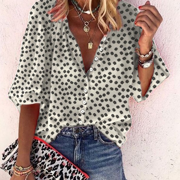 Jocestyle Jocestyle Women Floral Printed Blouse V Neck Button Half Sleeve Shirt White S Walmart Com Walmart Com