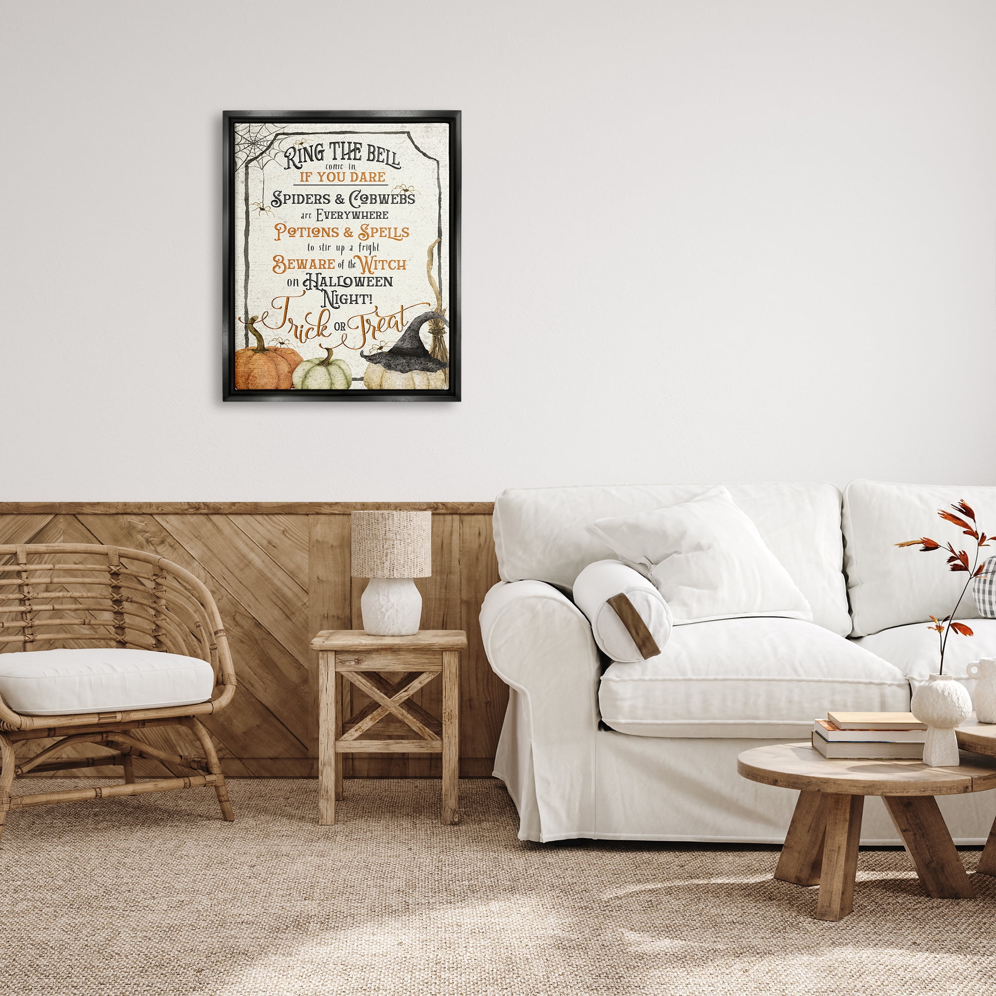 Stupell Industries Vintage Trick or Treat Sign Holiday Painting Black Floater Framed Canvas Art Print Wall Art, 25 x 31