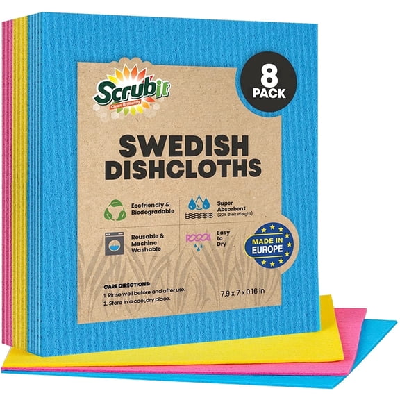 8 Pack SCRUBIT Swedish Dish Cloths - Reusable Kitchen Clothes - Ultra Absorbent Dish Towels for Kitchen, Washing Dishes, and More - Cellulose Sponges Cloth (Assorted Colors)