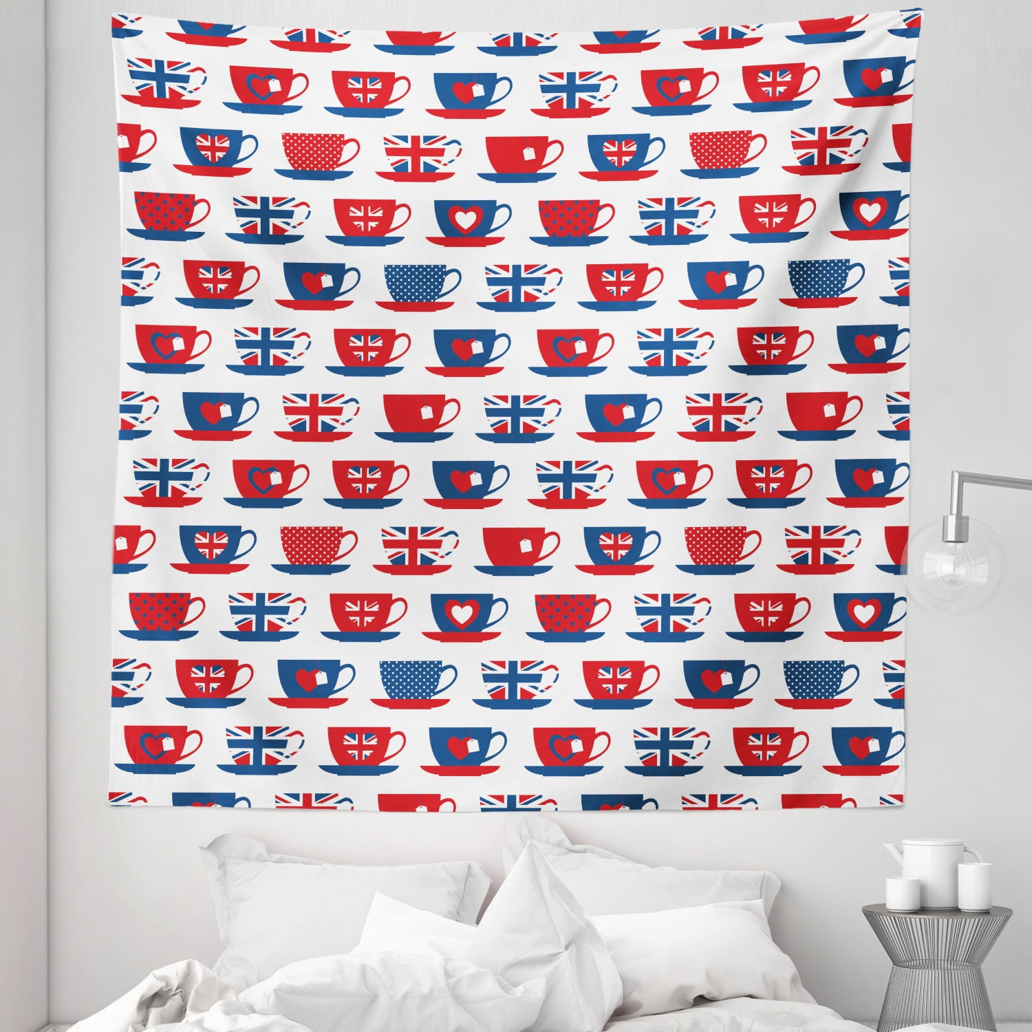 Tea Party Tapestry, Britain Themed Teacup Forms Patterned Union Jack ...