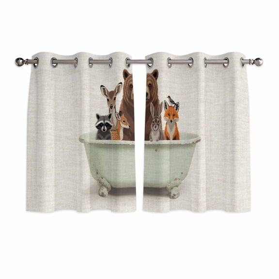 Funny Animals Kitchen Curtains Window Panels, Woodland Bathtub Wildlife Watercolor Bear Insulated Window Treatment Curtain, Grommet Curtains for Bedroom/Living Room/Bathroom, 2 Piece 42"Wx54"L