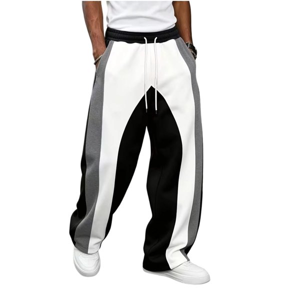 GERsome Men's Sweatpants Loose Fit Drawstring Waist Wide Leg Color Block Athletic Pants with Pockets