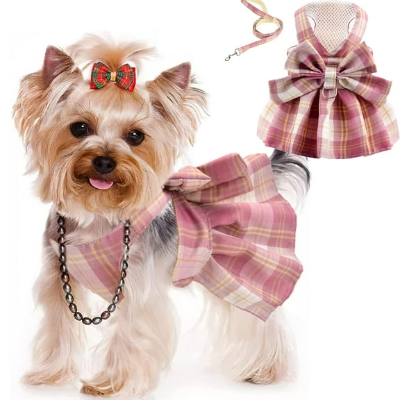 Plaid Dog Dress Harness with Leash Set, Puppy Dresses for Small Medium Dogs Female, Adjustable Doggie Summer Dresses, Yorkie Chihuahua Clothes Girl, Pet Apparel Cats