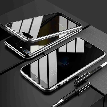 Dteck For iPhone 7 Plus / 8 Plus Privacy Glass Case Double Sided 9H Glass Slim Magnet Absorption Metal Bumper Frame Shockproof Protective Case Silver