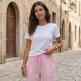 thumbnail image 7 of Inglocry Womens Faux Linen Striped Barrel Pants Comfy Drawstring Capri Pant Summer Beach Vacation Lounge Trousers with Pockets Pink S, 7 of 7