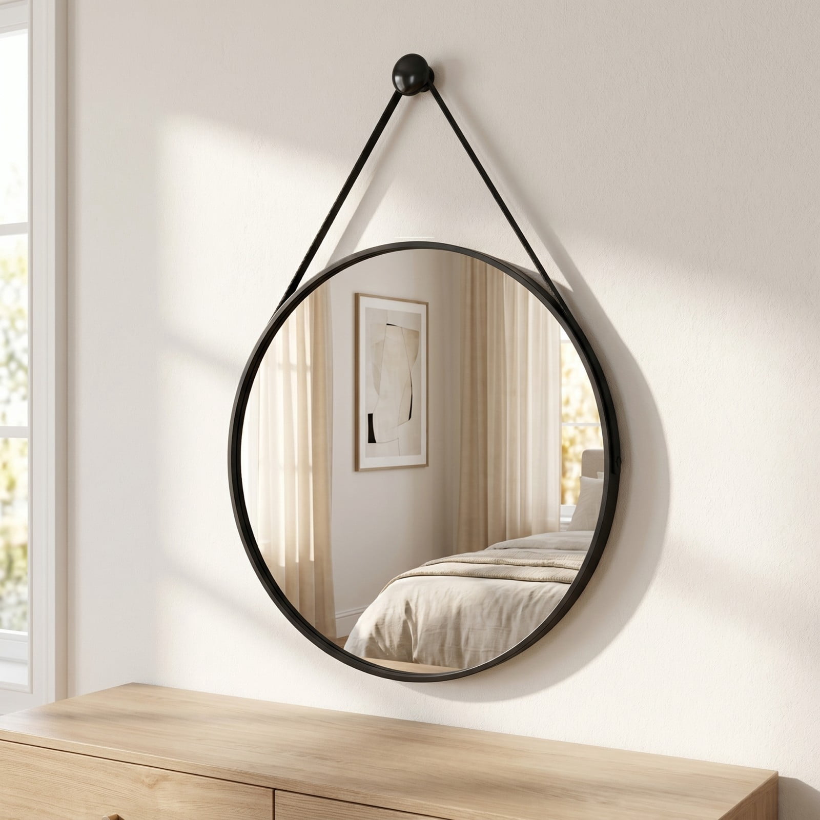 Gleamira 20" Wall Mounted Mirror Round Vanity Mirror with Leather Strap, Black