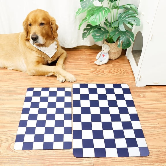 Checkered Dog Feeding Mat, Absorbent Mats for Dog Food and Water Bowl, Dispenser, Retro Aesthetic Navy Blue Checkerboard Pet Placemat for Dogs, Cats, Puppy, 16" X 24”