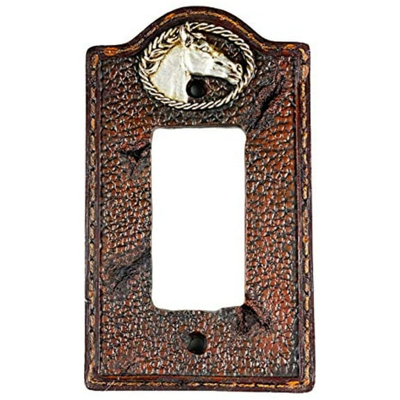 Urbalabs Western Horse and Worn Leather Design Decorative Light Switch Outlet Wall Plate Covers Antique Country Home Rustic Light Switch Covers Single Double 2 Gang Switch Plates (Single Gang Rocker)