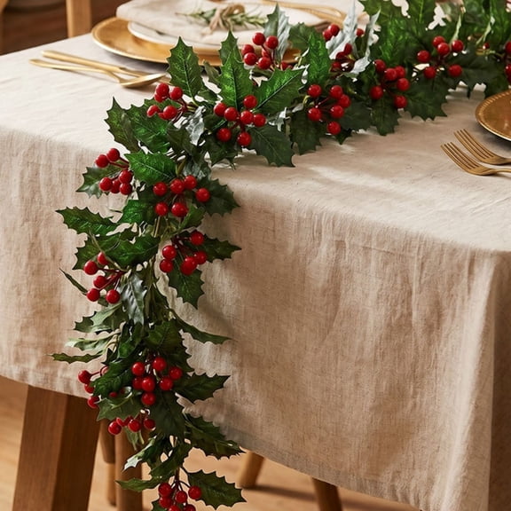 78.74 Inch Artificial Pine Rattan Garland, Green Leaf Red Berry Christmas Vine, Holiday Home Dining Table Decor, Hanging Ornament for Window Christmas Decoration