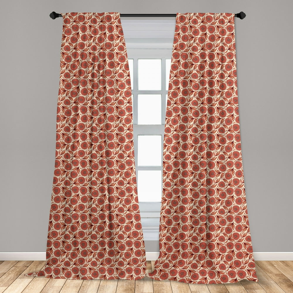 Coral Curtains 2 Panels Set, Nostalgic Pattern with Gerbera Remembering