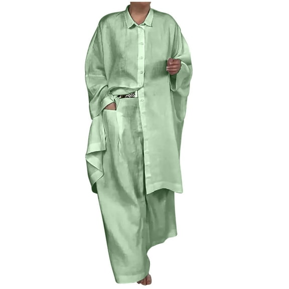 biudgviw Plus Size Outfits for Women Comfy Long Sleeve Collared Buttons down Long Shirts Lounge Wide Leg Palazzo Pants Fall Sets