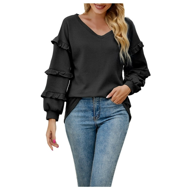 EQWLJWE Blouses à Manches Longues pour Femmes Mode Décontractée Couleur Unie Pull Ample à Manches Longues Col en V