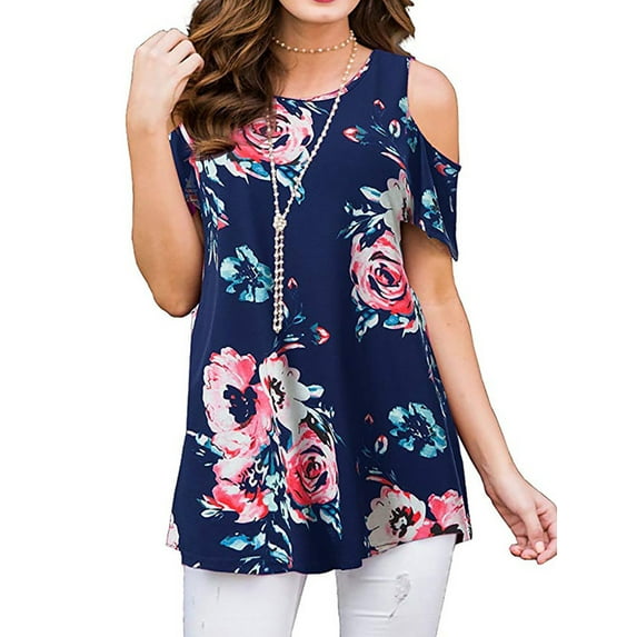 YAGHYAGH Womens Floral Print Cold Shoulder Tunic Blouse T Shirt Tops