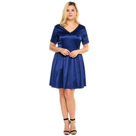 - Women Plus Sizes V-Neck Short Sleeve Solid Satin A-Line Short Dress HFON