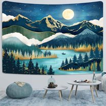 Mountain Tapestry Nature Forest Tree Tapestries for Bedroom Aesthetic Starry Night Moon Stars Tapestrys Wall Hanging Teal Abstract Wall Tapestry for Dorm Living Room (Teal, 48'''' × 36'''')