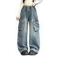 thumbnail image 2 of Girls Cargo Denim Pants Wide Leg Trousers with Big Pockets Washed Streetwear Elastic Waist Jeans Fall Casual Out For Teen Girls, 2 of 7