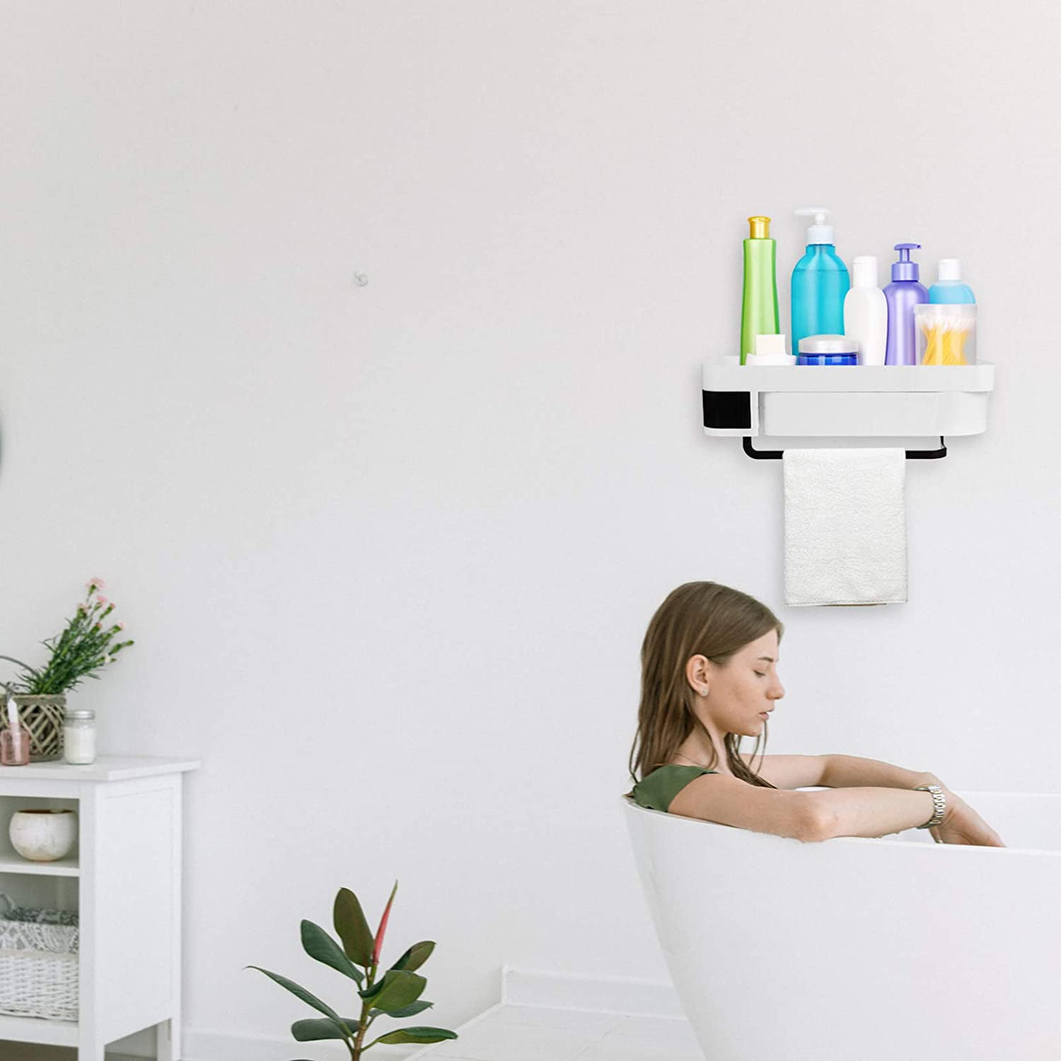 JARPSIRY 360° Rotating Corner Shower Caddy, Plastic Storage Rack Organizer  with Hooks, Adhesive Wall Mounted Bathroom Shelf Shampoo Holder for