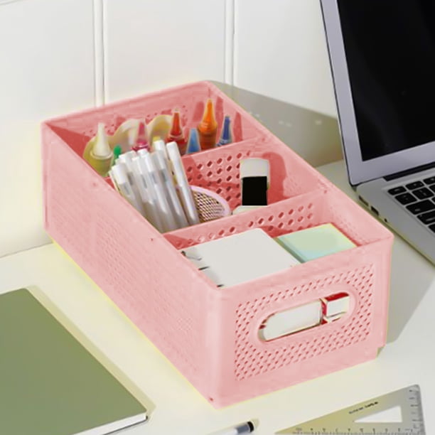 Cesta de almacenamiento de escritorio Organizador de plástico | Contenedor de almacenamiento plegable de gran capacidad para oficina, refrigerio, juguete, cocina | Apilable, Transpirable, Asas |