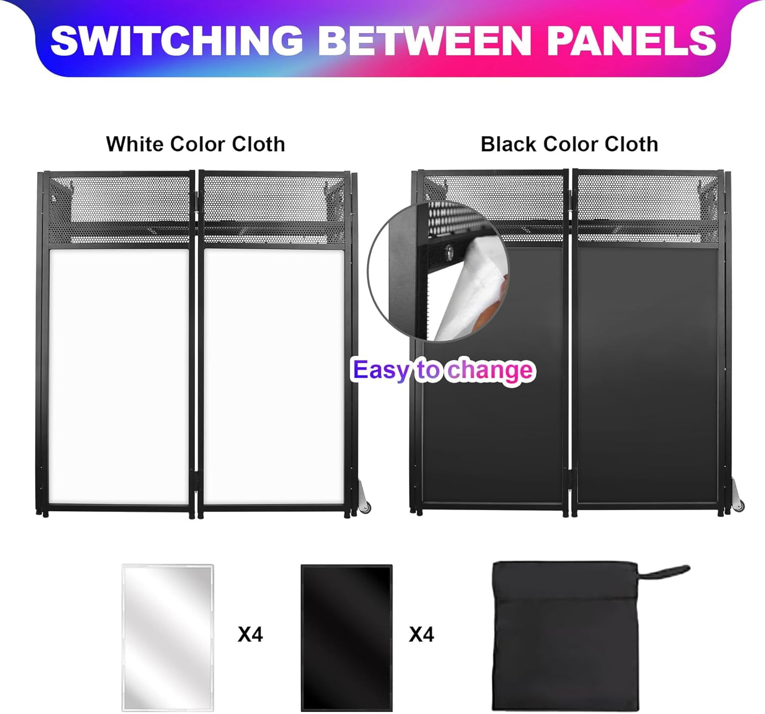 DJ Facade Booth Table 41" x 43"x 20"-Portable with Black&White Lighting Scrims Flat DJ Booth Panel-Black Metal Frame with 2 Extra Wheels for Show, Party (Black)