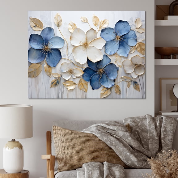 Designart "Ornate Blue And Gold Violets III" Violets Canvas Wall Art